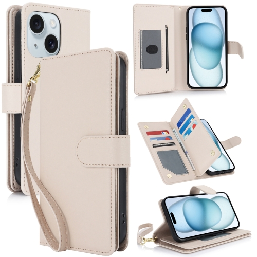 

For iPhone 15 Plus Multi-Card Wallet RFID Leather Phone Case(Apricot)