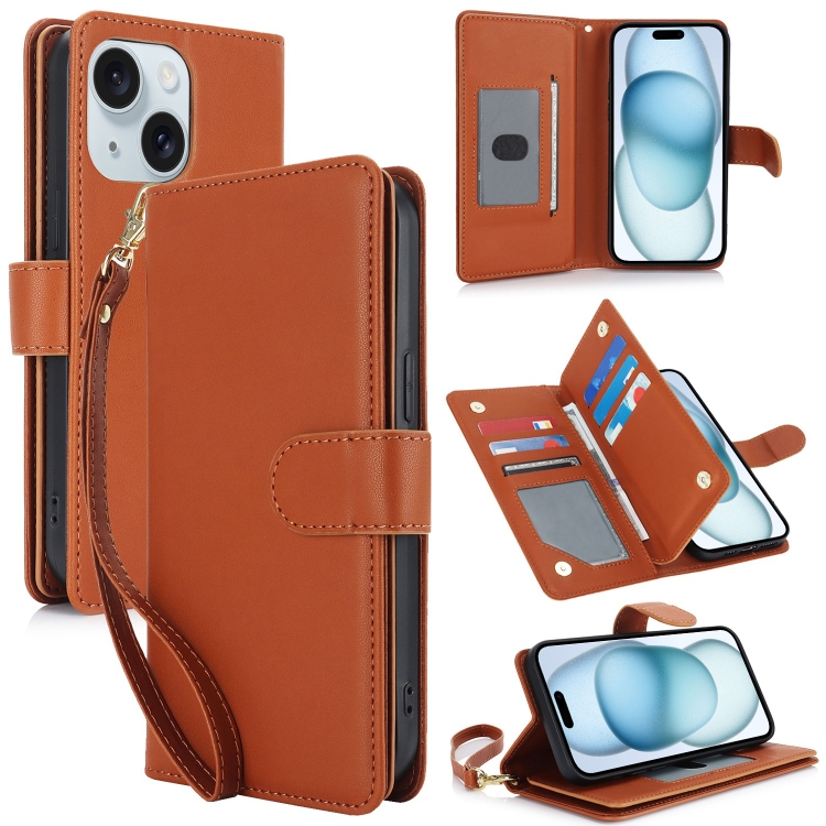 

For iPhone 15 Plus Multi-Card Wallet RFID Leather Phone Case(Brown)