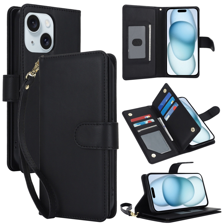 

For iPhone 15 Multi-Card Wallet RFID Leather Phone Case(Black)