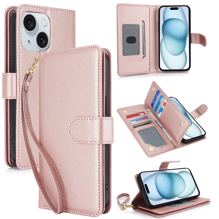 

For iPhone 15 Multi-Card Wallet RFID Leather Phone Case(Rose Gold)