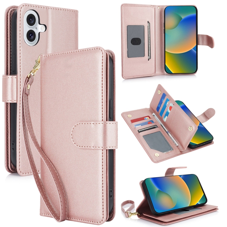 

For iPhone 16 Plus Multi-Card Wallet RFID Leather Phone Case(Rose Gold)