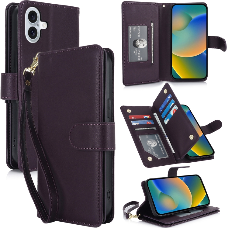 

For iPhone 16 Plus Multi-Card Wallet RFID Leather Phone Case(Dark Purple)