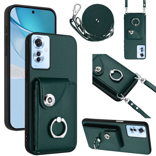 

For OPPO Reno11 F Thai Version Organ Card Bag Ring Holder Phone Case with Long Lanyard(Green)