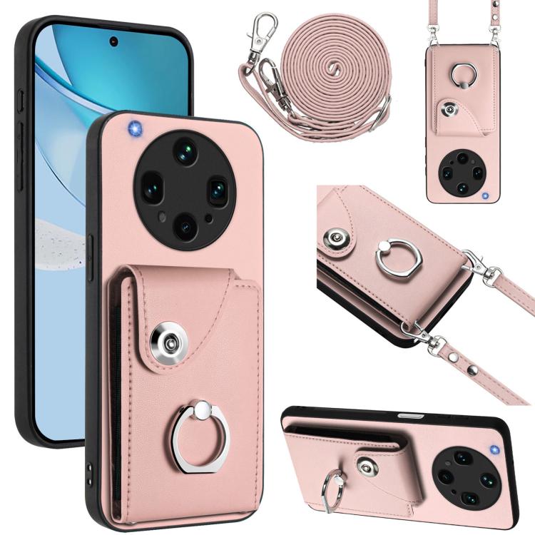 

For OPPO Find X8 Ultra Organ Card Bag Ring Holder Phone Case with Long Lanyard(Pink)