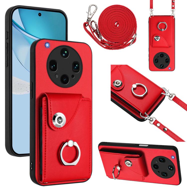 

For OPPO Find X8 Ultra Organ Card Bag Ring Holder Phone Case with Long Lanyard(Red)