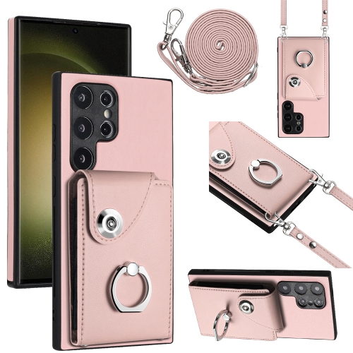 For Samsung Galaxy S24 Ultra 5G Organ Card Bag Ring Holder Phone Case with Long Lanyard(Pink) pearl diary women woven shirts solid color ruffle neck bow tie details sweet long sleeve tops with buttons beach cover up shirt