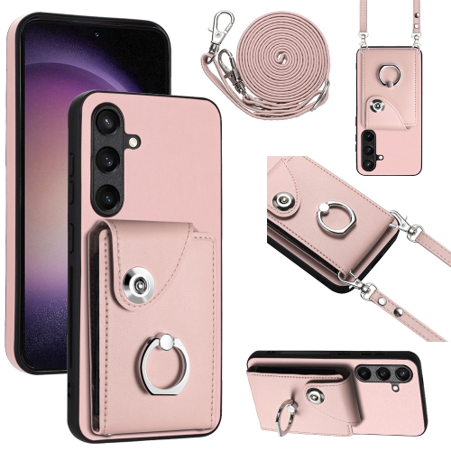 

For Samsung Galaxy S24+ 5G Organ Card Bag Ring Holder Phone Case with Long Lanyard(Pink)