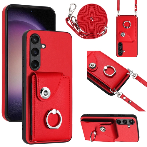 For Samsung Galaxy S24+ 5G Organ Card Bag Ring Holder Phone Case with Long Lanyard(Red) for iphone 15 pro max crossbody lanyard elastic silicone card holder phone case dark green