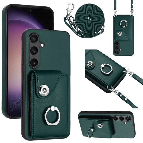 

For Samsung Galaxy S24 5G Organ Card Bag Ring Holder Phone Case with Long Lanyard(Green)