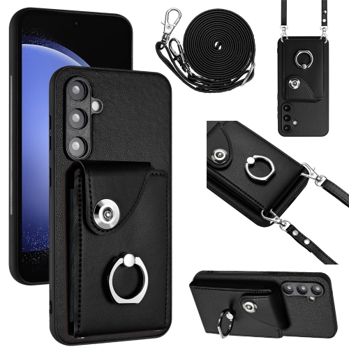 

For Samsung Galaxy S23 FE 5G Organ Card Bag Ring Holder Phone Case with Long Lanyard(Black)