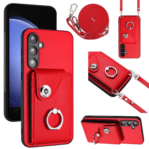 For Samsung Galaxy S23 FE 5G Organ Card Bag Ring Holder Phone Case with Long Lanyard(Red)