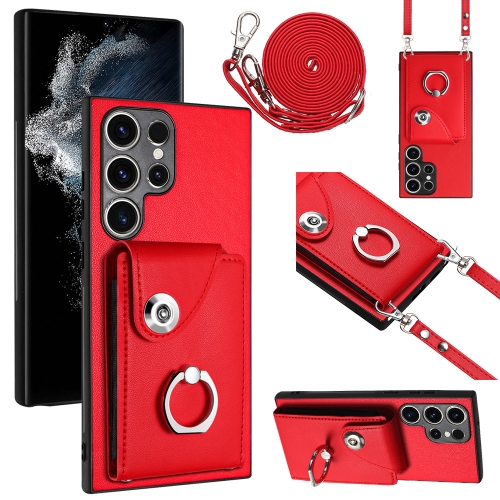 For Samsung Galaxy S23 Ultra 5G Organ Card Bag Ring Holder Phone Case with Long Lanyard(Red) pearl diary women woven shirts solid color ruffle neck bow tie details sweet long sleeve tops with buttons beach cover up shirt