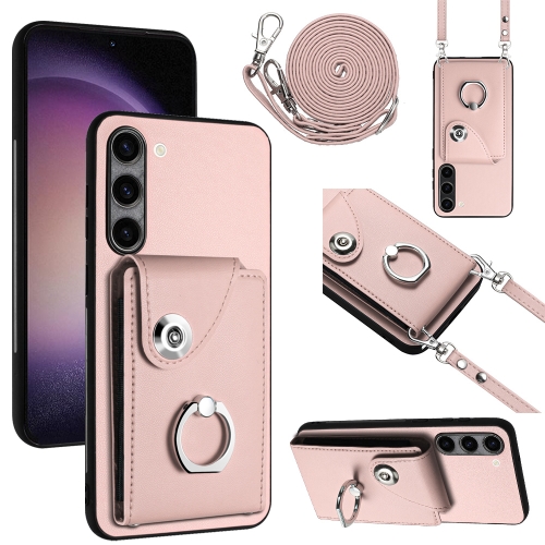 

For Samsung Galaxy S23+ 5G Organ Card Bag Ring Holder Phone Case with Long Lanyard(Pink)