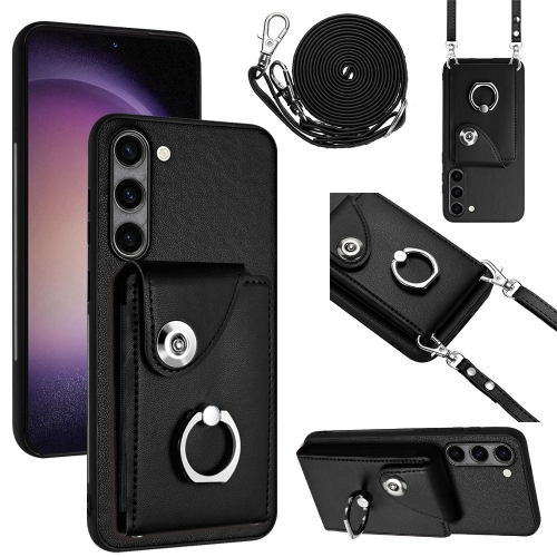 For Samsung Galaxy S23+ 5G Organ Card Bag Ring Holder Phone Case with Long Lanyard(Black) for iphone 15 crossbody lanyard elastic silicone card holder phone case dark grey
