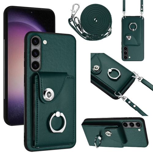 

For Samsung Galaxy S23 5G Organ Card Bag Ring Holder Phone Case with Long Lanyard(Green)