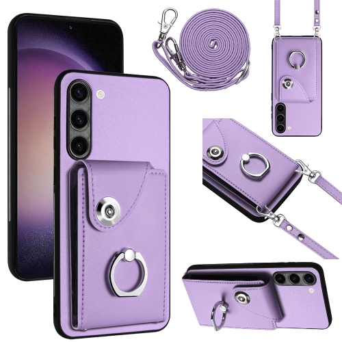 For Samsung Galaxy S23 5G Organ Card Bag Ring Holder Phone Case with Long Lanyard(Purple) for iphone 15 crossbody lanyard elastic silicone card holder phone case dark grey