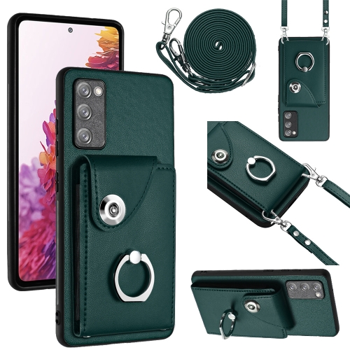 For Samsung Galaxy S20 FE Organ Card Bag Ring Holder Phone Case with Long Lanyard(Green) for iphone 15 crossbody lanyard elastic silicone card holder phone case dark grey