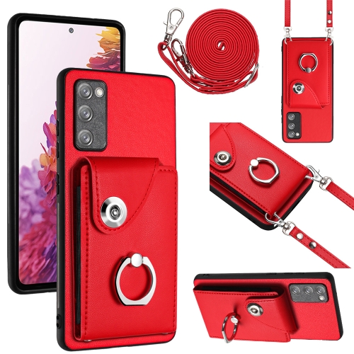 

For Samsung Galaxy S20 FE Organ Card Bag Ring Holder Phone Case with Long Lanyard(Red)