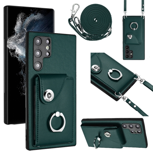 For Samsung Galaxy S22 Ultra 5G Organ Card Bag Ring Holder Phone Case with Long Lanyard(Green)