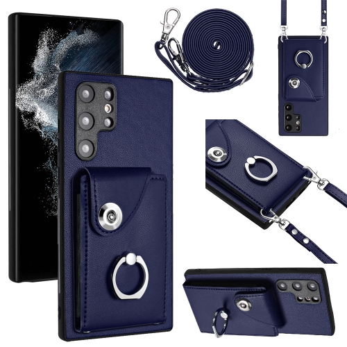 

For Samsung Galaxy S22 Ultra 5G Organ Card Bag Ring Holder Phone Case with Long Lanyard(Blue)