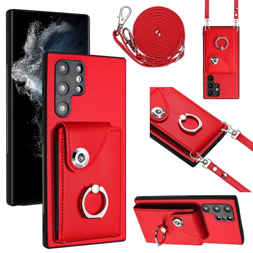 

For Samsung Galaxy S22 Ultra 5G Organ Card Bag Ring Holder Phone Case with Long Lanyard(Red)
