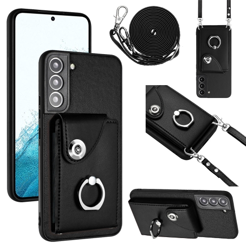 For Samsung Galaxy S22+ 5G Organ Card Bag Ring Holder Phone Case with Long Lanyard(Black)