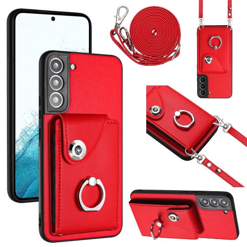 

For Samsung Galaxy S22 5G Organ Card Bag Ring Holder Phone Case with Long Lanyard(Red)