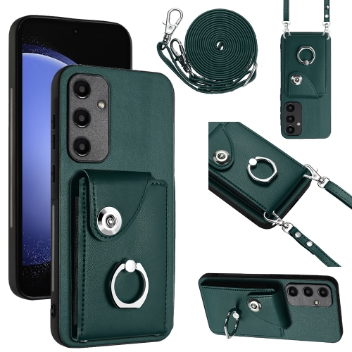 For Samsung Galaxy A55 Organ Card Bag Ring Holder Phone Case with Long Lanyard(Green)