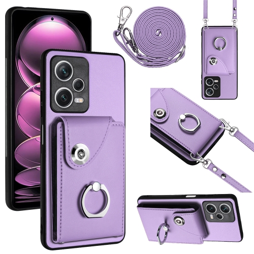 

For Xiaomi Redmi Note 12 Pro 5G Global Organ Card Bag Ring Holder Phone Case with Long Lanyard(Purple)