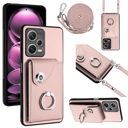 

For Xiaomi Redmi Note 12 5G Global Organ Card Bag Ring Holder Phone Case with Long Lanyard(Pink)