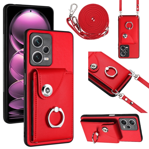 

For Xiaomi Redmi Note 12 5G Global Organ Card Bag Ring Holder Phone Case with Long Lanyard(Red)