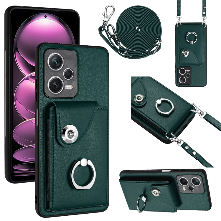 

For Xiaomi Redmi Note 12 5G Global Organ Card Bag Ring Holder Phone Case with Long Lanyard(Green)