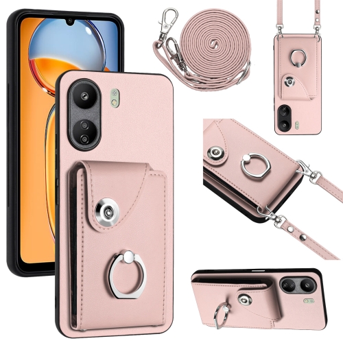 

For Xiaomi Redmi 13C 4G / Poco C65 Organ Card Bag Ring Holder Phone Case with Long Lanyard(Pink)