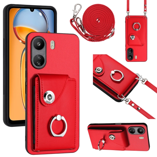 

For Xiaomi Redmi 13C 4G / Poco C65 Organ Card Bag Ring Holder Phone Case with Long Lanyard(Red)
