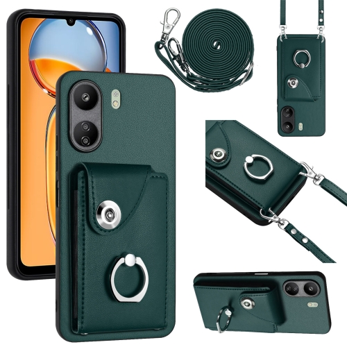 

For Xiaomi Redmi 13C 4G / Poco C65 Organ Card Bag Ring Holder Phone Case with Long Lanyard(Green)