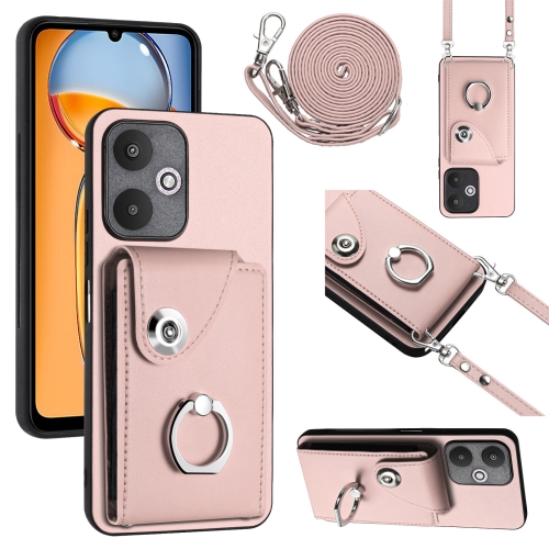

For Xiaomi Redmi 13C 5G / Redmi 13R Organ Card Bag Ring Holder Phone Case with Long Lanyard(Pink)