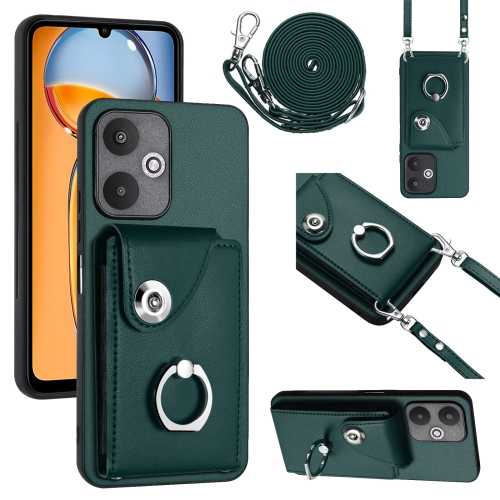 

For Xiaomi Redmi 13C 5G / Redmi 13R Organ Card Bag Ring Holder Phone Case with Long Lanyard(Green)