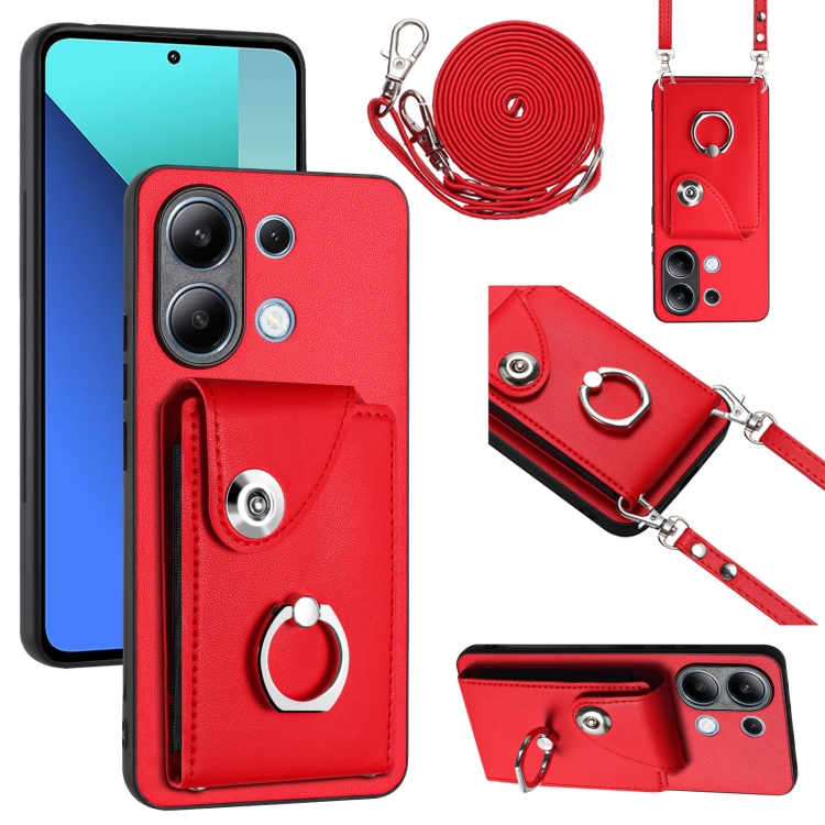 

For Xiaomi Redmi Note 13 4G Global Organ Card Bag Ring Holder Phone Case with Long Lanyard(Red)