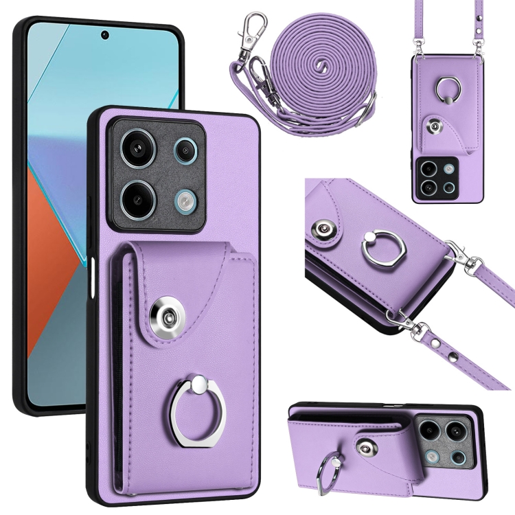 

For Xiaomi Redmi Note 13 5G Global Organ Card Bag Ring Holder Phone Case with Long Lanyard(Purple)