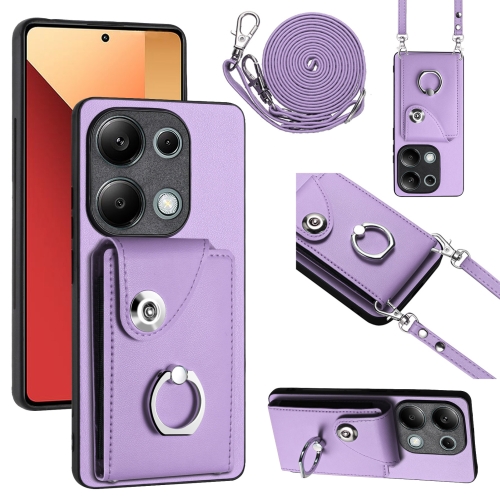 

For Xiaomi Redmi Note 13 Pro 4G Global Organ Card Bag Ring Holder Phone Case with Long Lanyard(Purple)
