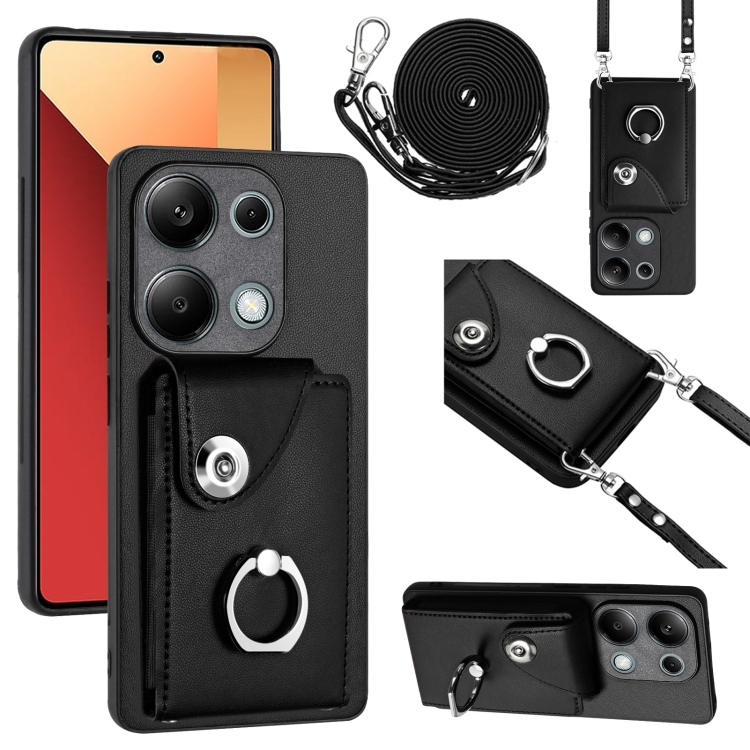 

For Xiaomi Redmi Note 13 Pro 4G Global Organ Card Bag Ring Holder Phone Case with Long Lanyard(Black)