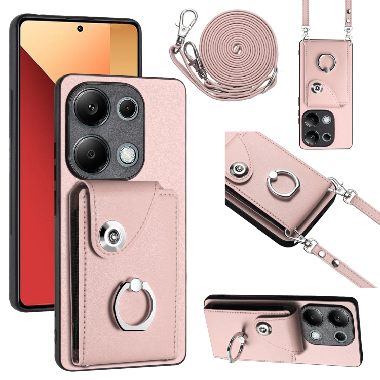 

For Xiaomi Redmi Note 13 Pro 4G Global Organ Card Bag Ring Holder Phone Case with Long Lanyard(Pink)