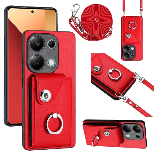 

For Xiaomi Redmi Note 13 Pro 4G Global Organ Card Bag Ring Holder Phone Case with Long Lanyard(Red)