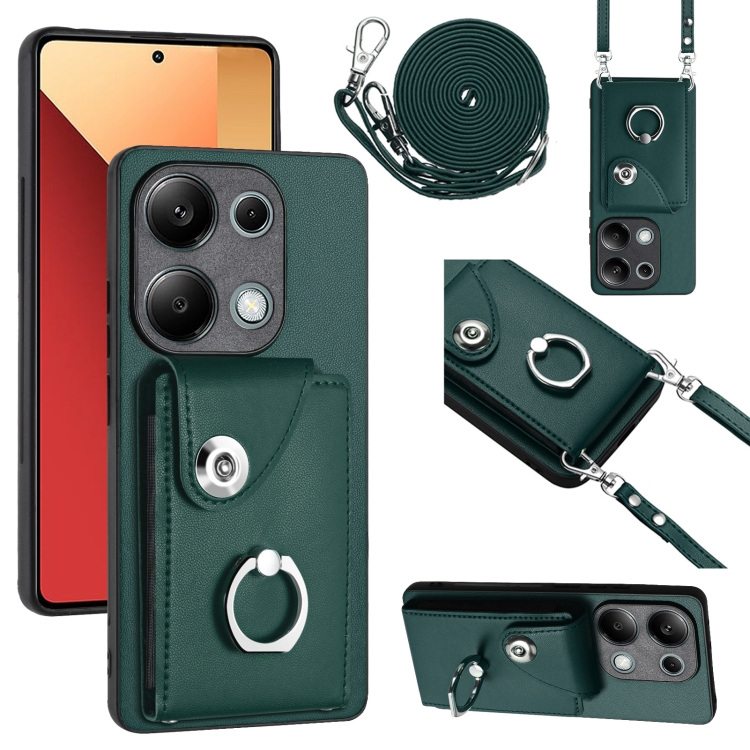 

For Xiaomi Redmi Note 13 Pro 4G Global Organ Card Bag Ring Holder Phone Case with Long Lanyard(Green)