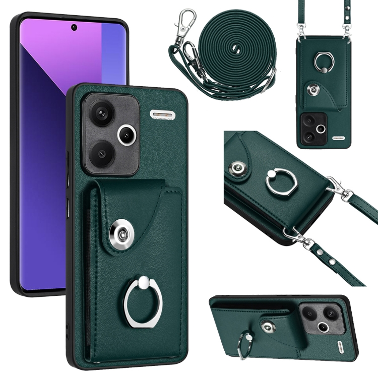 

For Xiaomi Redmi Note 13 Pro+ Organ Card Bag Ring Holder Phone Case with Long Lanyard(Green)