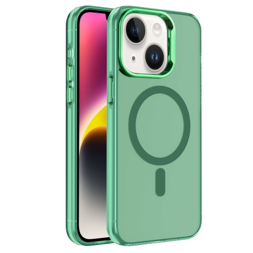 For iPhone 14 Electroplated IMD Magsafe PC Hybrid TPU Phone Case(Green) fsle french wooden ear edge v neck shirt for women s summer 2023 new bow shirt for women white light blue women shirts