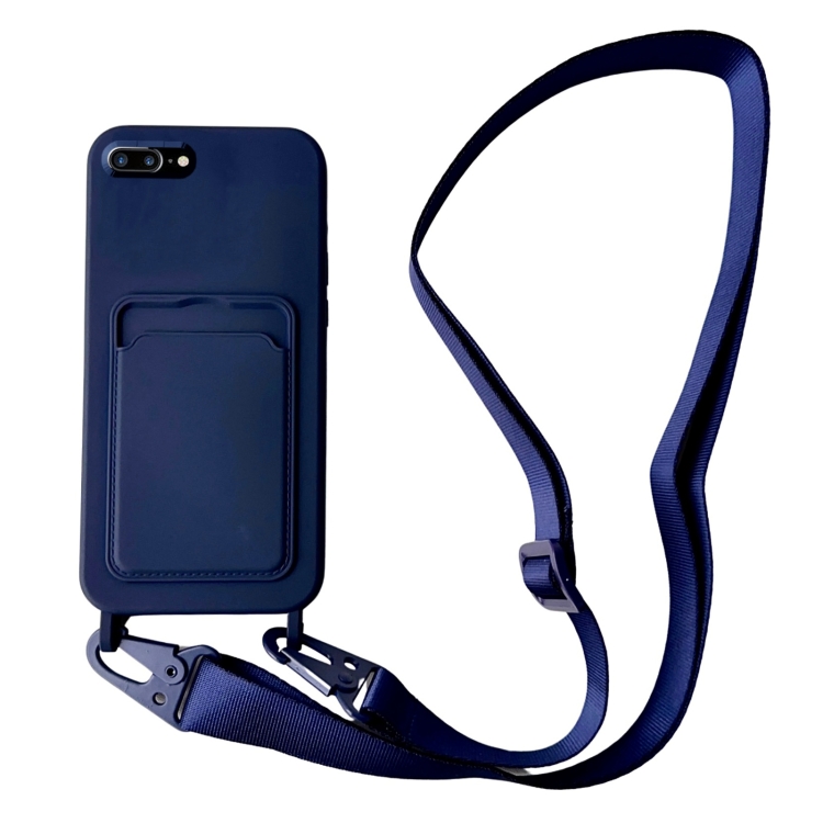 

For iPhone 8 Plus / 7 Plus Card Slot Liquid Silicone Phone Case with Lanyard(Dark Blue)