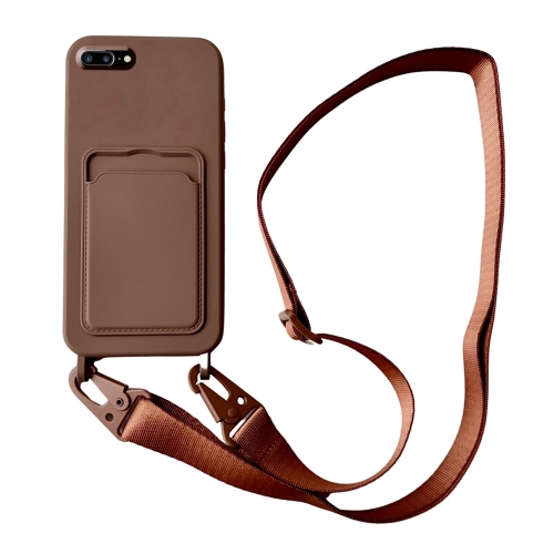 

For iPhone 8 Plus / 7 Plus Card Slot Liquid Silicone Phone Case with Lanyard(Coffee)