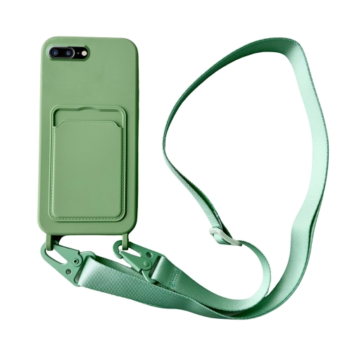 

For iPhone 8 Plus / 7 Plus Card Slot Liquid Silicone Phone Case with Lanyard(Matcha Green)