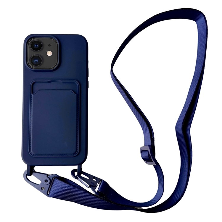 

For iPhone 11 Card Slot Liquid Silicone Phone Case with Lanyard(Dark Blue)